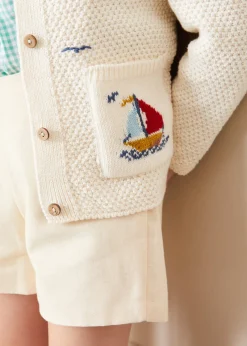 BOY Pepa London Nautical Boat Embroidery Polo Collar Cardigan in Cream (12mths-6yrs)