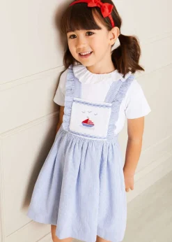 Pepa London Nautical Striped Boat Embroidered Skirt with Braces in Blue (18mths-4yrs)