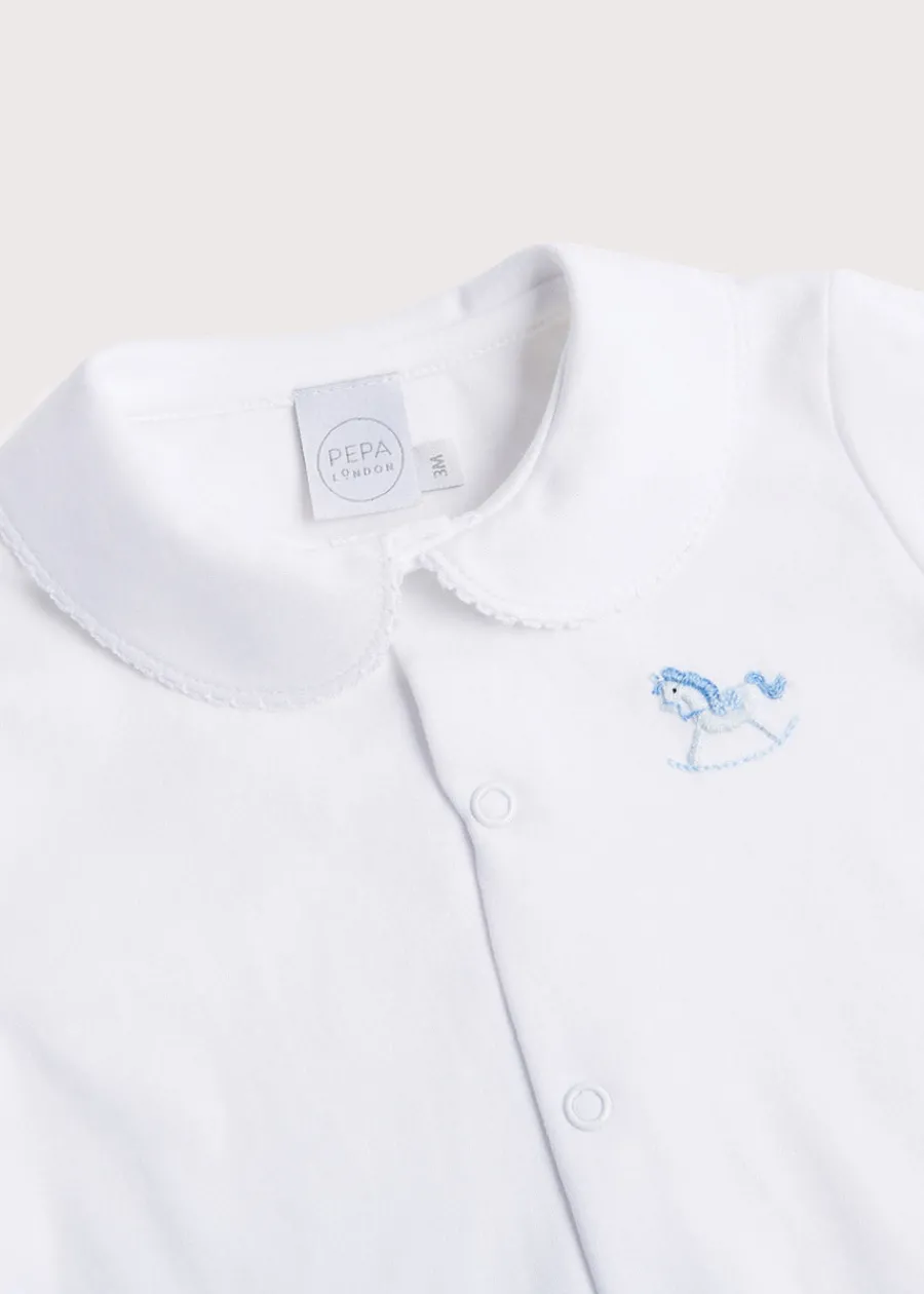 Pepa London Newborn All-In-One With Rocking Horse Embroidery In Blue (1-6mths)