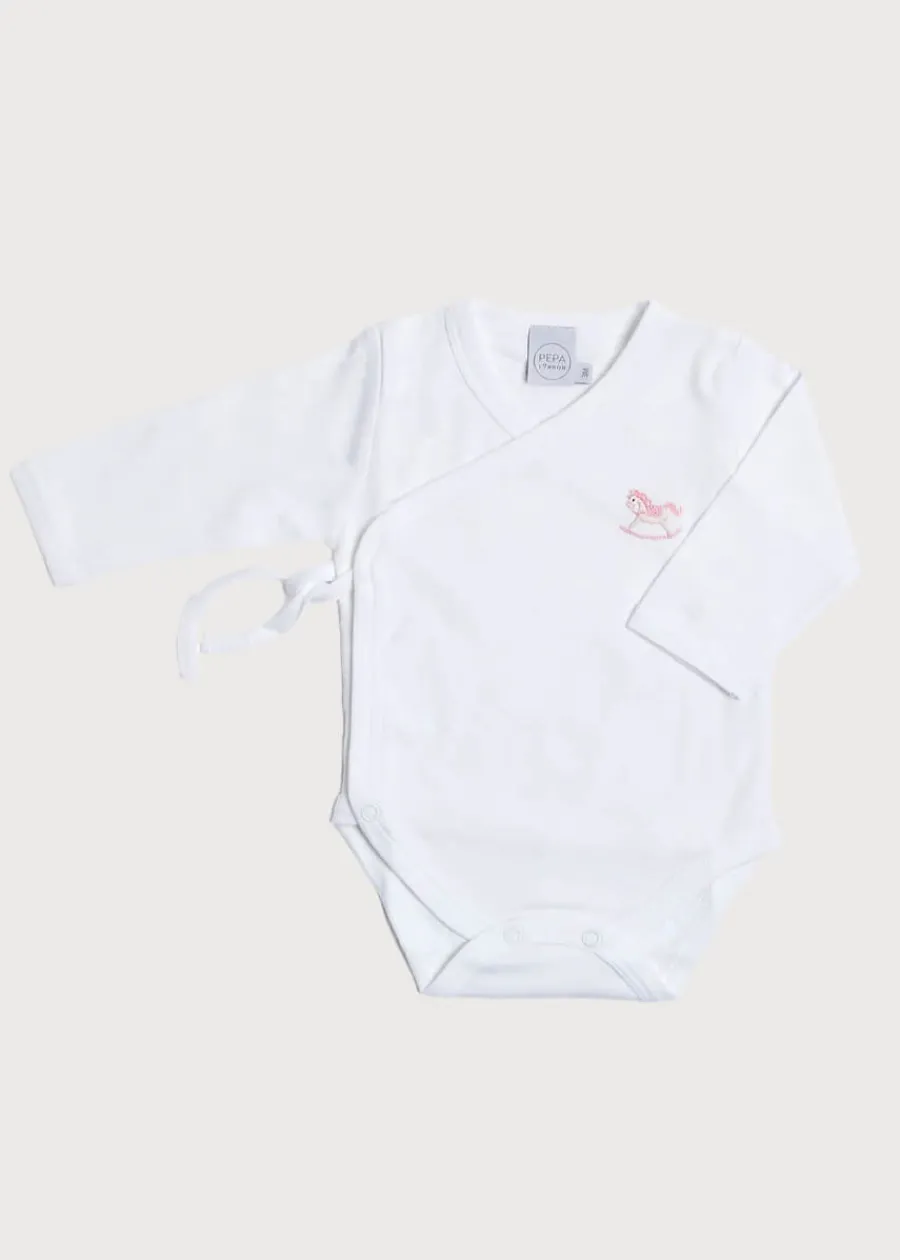 Pepa London Newborn Side Tie Bodysuit With Rocking Horse Embroidery Pink (1-6mths)