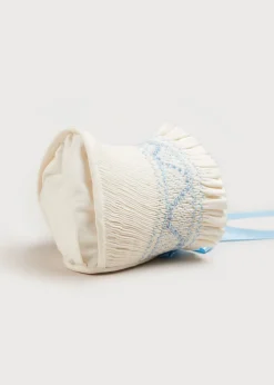 BOY Pepa London Off White and Blue Hand Smocked Baby Bonnet