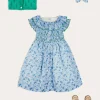 Pepa London Olivia Floral Smocked Ruffle Collar Sleeveless Dress in Blue (12mths-10yrs) | Floral Openwork Cotton Cardigan in Green (2-10yrs) | Leather Woven Detail Sandals in Beige (24-35EU) | Olivia Floral Medium Bow Hair Clip in Blue