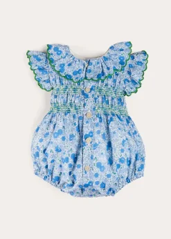 Pepa London Olivia Floral Smocked Ruffle Collar Sleeveless Romper in Blue (6mths-2yrs)