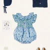 Pepa London Olivia Floral Smocked Ruffle Collar Sleeveless Romper in Blue (6mths-2yrs) | Plain Cardigan in Navy (6mths-10yrs) | Openwork Knitted Bonnet in Navy (S-L) | Olivia Floral Mary Jane Pram Shoes in Blue (17-20EU) | Openwork short socks White (0mths-8yrs) | Flower Fairies of the Summer Book in White