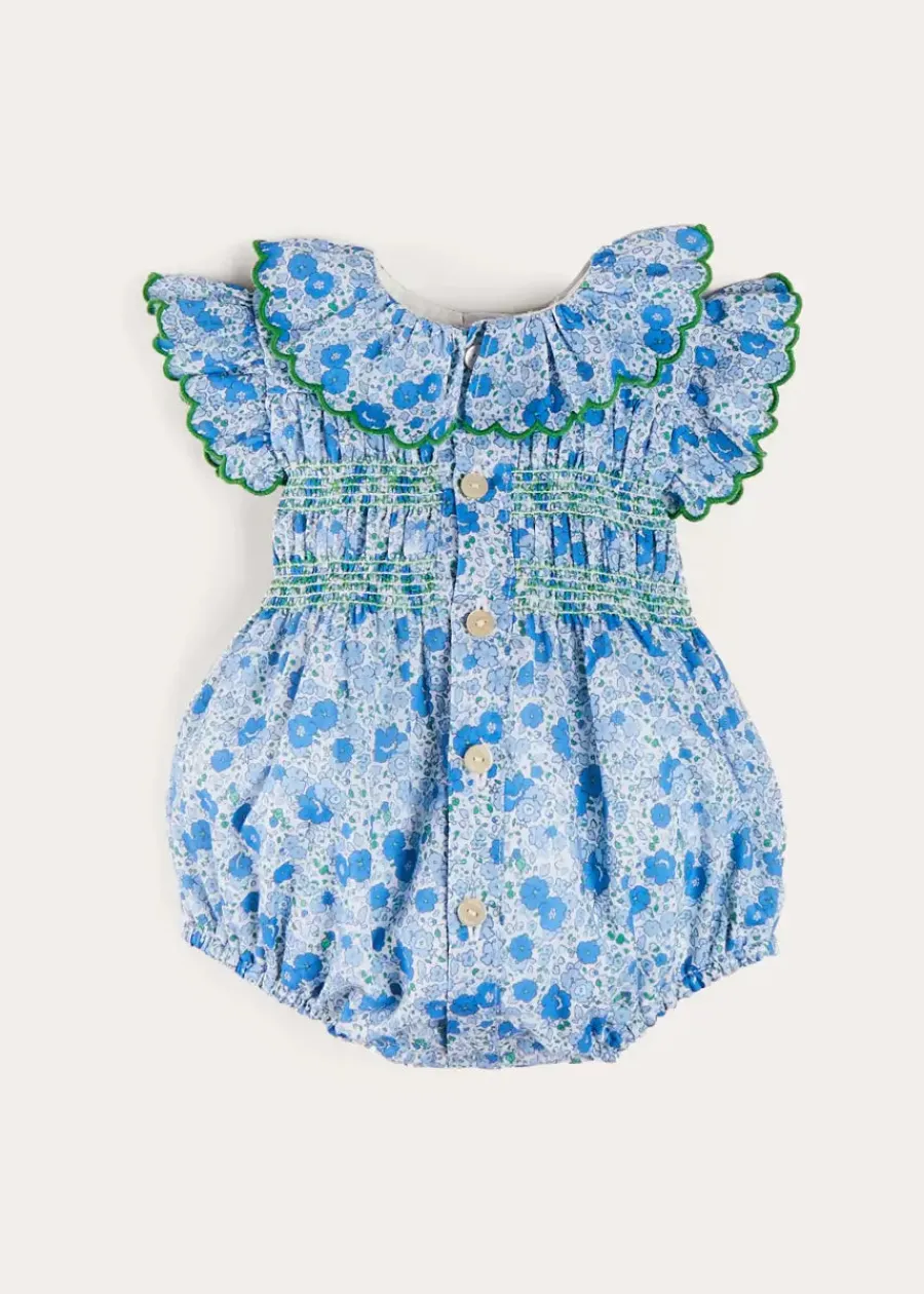 Pepa London Olivia Floral Smocked Ruffle Collar Sleeveless Romper in Blue (6mths-2yrs)