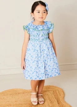 Pepa London Olivia Floral Smocked Ruffle Collar Sleeveless Dress in Blue (12mths-10yrs)