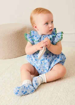 Pepa London Olivia Floral Smocked Ruffle Collar Sleeveless Romper in Blue (6mths-2yrs) | Plain Cardigan in Navy (6mths-10yrs) | Openwork Knitted Bonnet in Navy (S-L) | Olivia Floral Mary Jane Pram Shoes in Blue (17-20EU) | Openwork short socks White (0mths-8yrs) | Flower Fairies of the Summer Book in White
