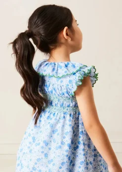 Pepa London Olivia Floral Smocked Ruffle Collar Sleeveless Dress in Blue (12mths-10yrs)