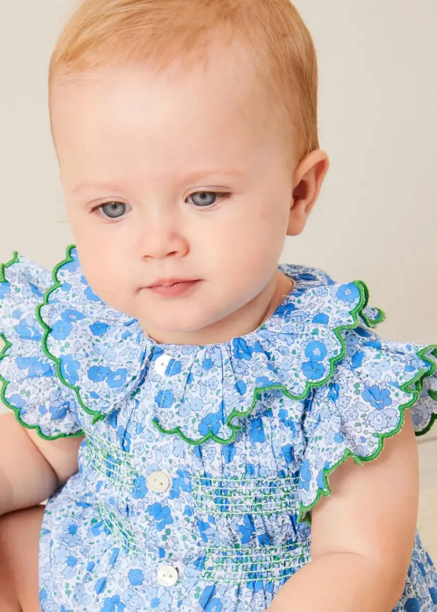 Pepa London Olivia Floral Smocked Ruffle Collar Sleeveless Romper in Blue (6mths-2yrs)