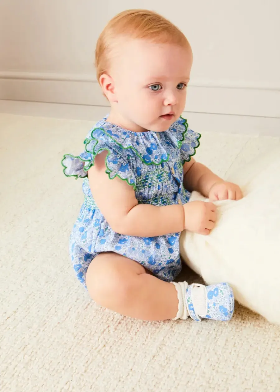 Pepa London Olivia Floral Smocked Ruffle Collar Sleeveless Romper in Blue (6mths-2yrs)