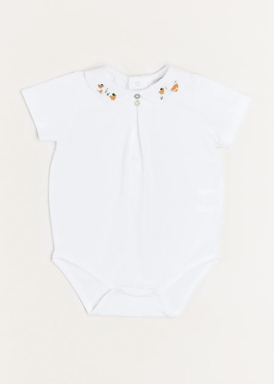 BOY Pepa London Peter Pan Collar Duck Embroidery Short Sleeve Bodysuit in White (3mths-2yrs)