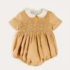 BOY Pepa London Peter Pan Collar Hand Smocked Short Sleeve Romper in Camel (6mths-2yrs)
