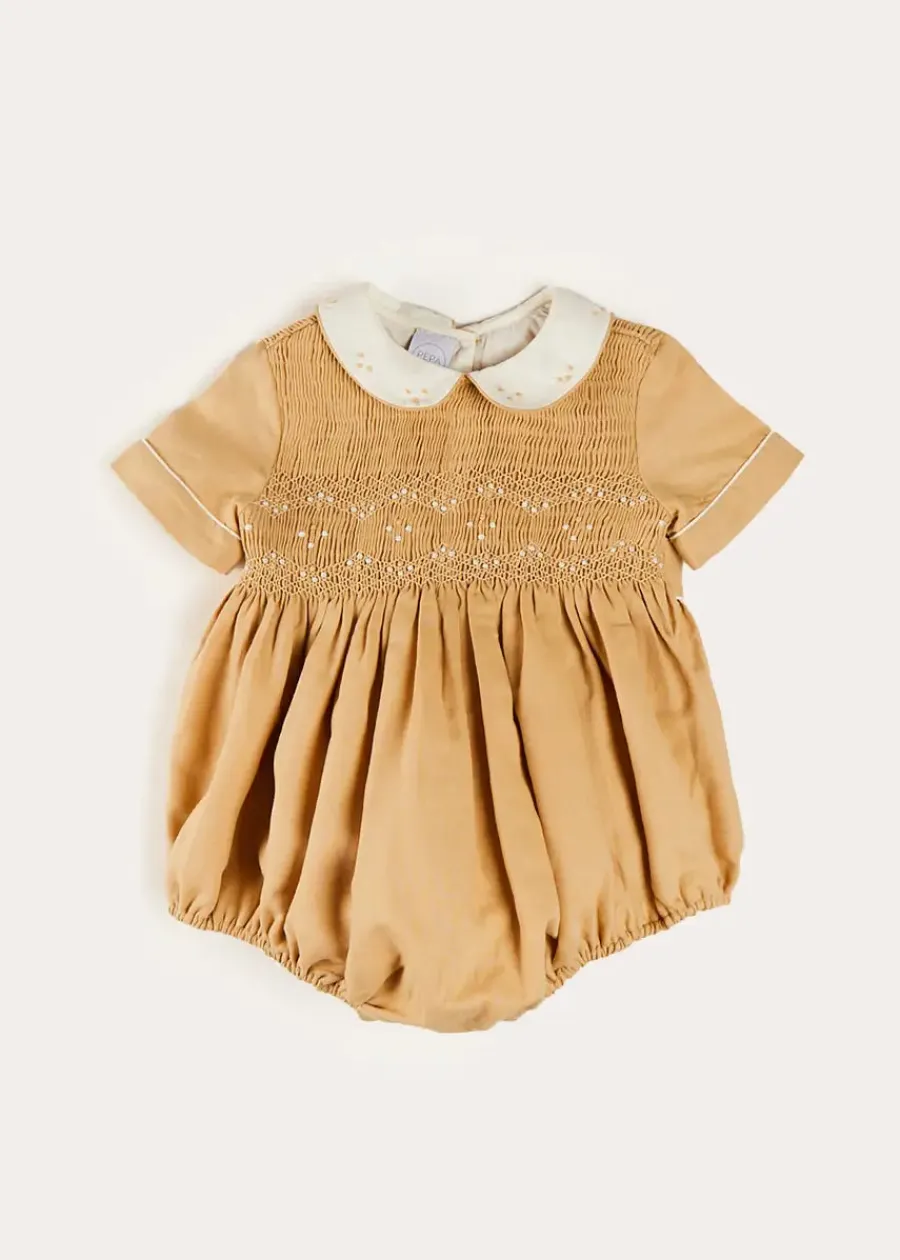 BOY Pepa London Peter Pan Collar Hand Smocked Short Sleeve Romper in Camel (6mths-2yrs)