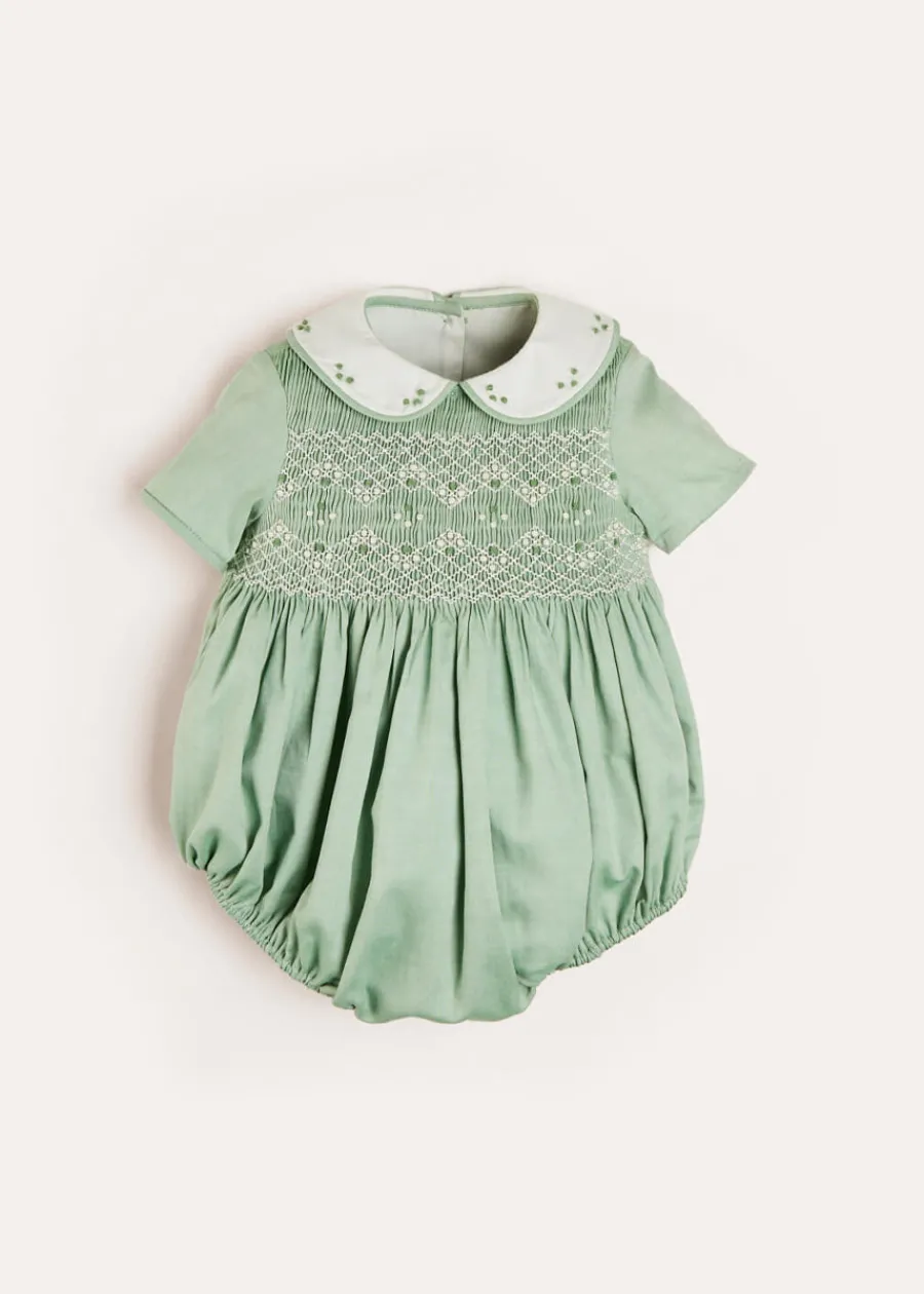 BOY Pepa London Peter Pan Collar Hand Smocked Short Sleeve Romper in Green (3mths-2yrs)