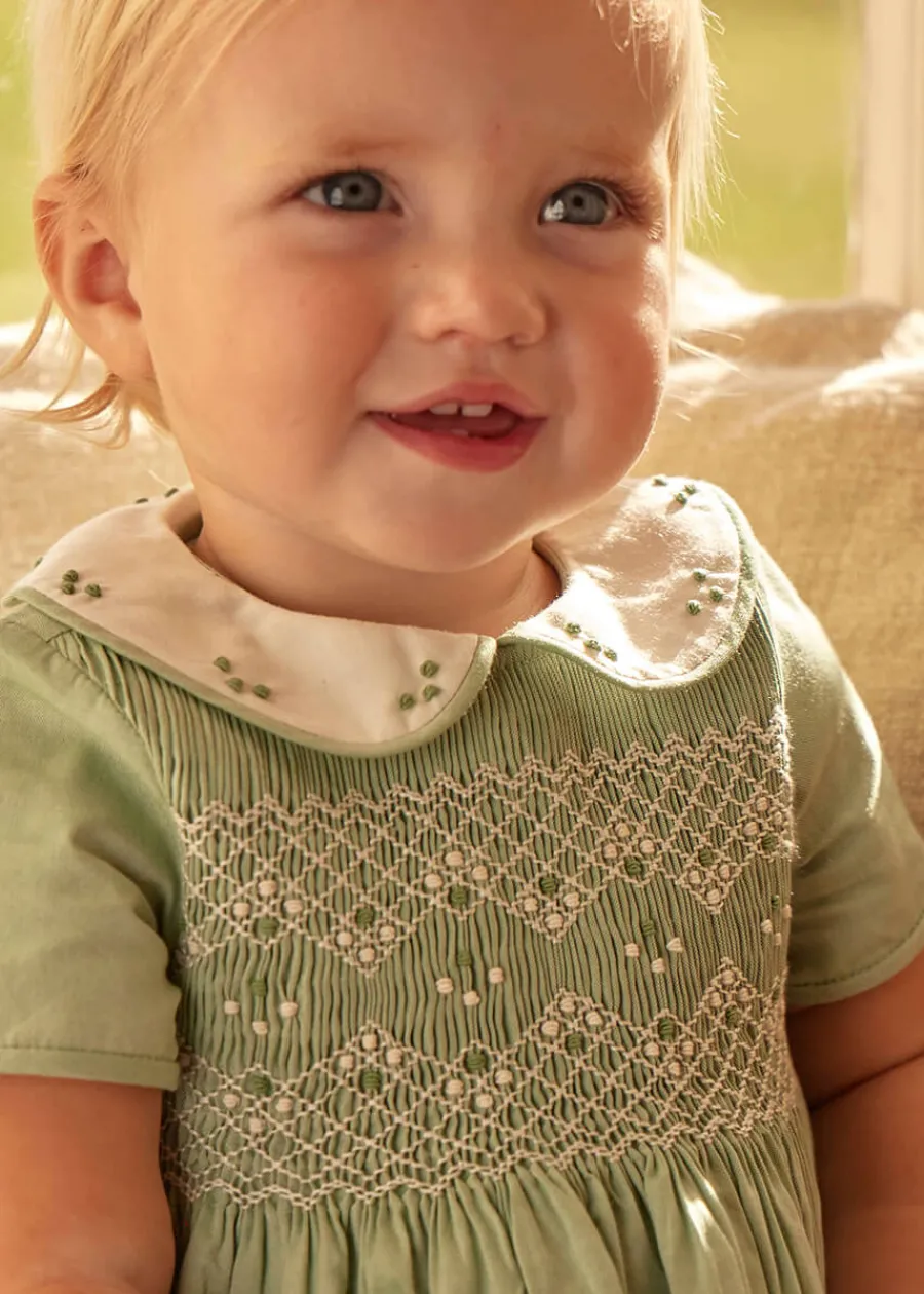 BOY Pepa London Peter Pan Collar Hand Smocked Short Sleeve Romper in Green (3mths-2yrs)