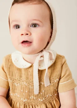 BOY Pepa London Peter Pan Collar Hand Smocked Short Sleeve Romper in Camel (6mths-2yrs)