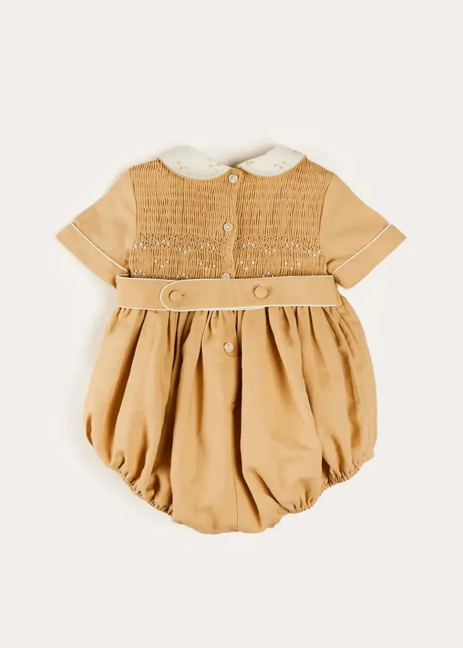 BOY Pepa London Peter Pan Collar Hand Smocked Short Sleeve Romper in Camel (6mths-2yrs)