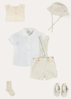 BOY Pepa London Peter Pan Collar Trim Detail Short Sleeve Shirt in White (12mths-5yrs) | Brompton Striped Shorts With Braces in Beige (12mths-4yrs) | T-Bar Leather Baby Shoes in Ivory (20-24EU) | Brompton Striped Sun Hat in Beige (XS-M) | Ribbed Short Socks in Beige (0mths-10yrs)