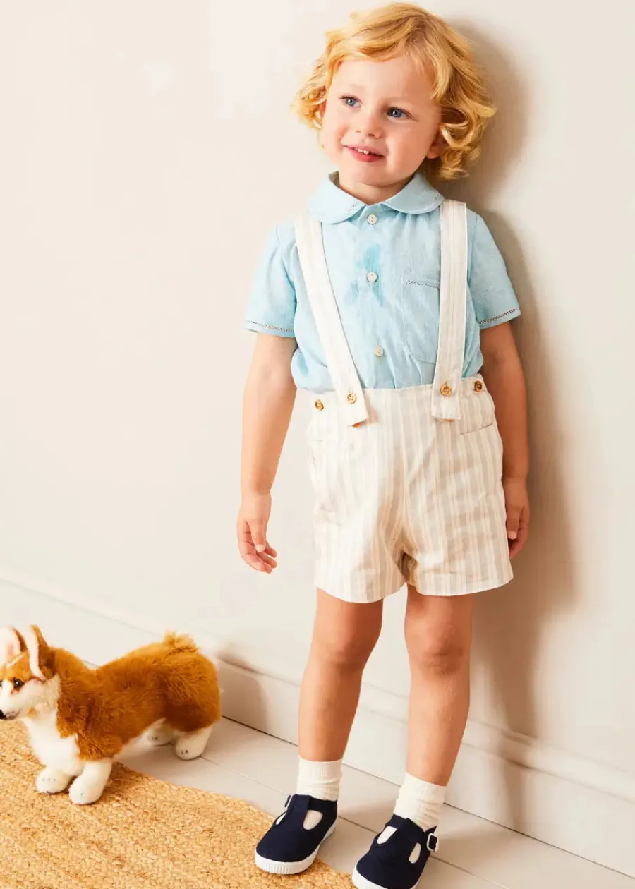 BOY Pepa London Peter Pan Collar Trim Detail Short Sleeve Shirt in Blue (12mths-5yrs) | Brompton Striped Shorts With Braces in Beige (12mths-4yrs) | Plain Cardigan in Navy (6mths-10yrs) | Woven T-Bar Baby Shoes in Navy (20-26EU) | Brompton Striped Sun Hat in Beige (XS-M) | Ribbed Short Socks - Cream (0mths-10yrs)