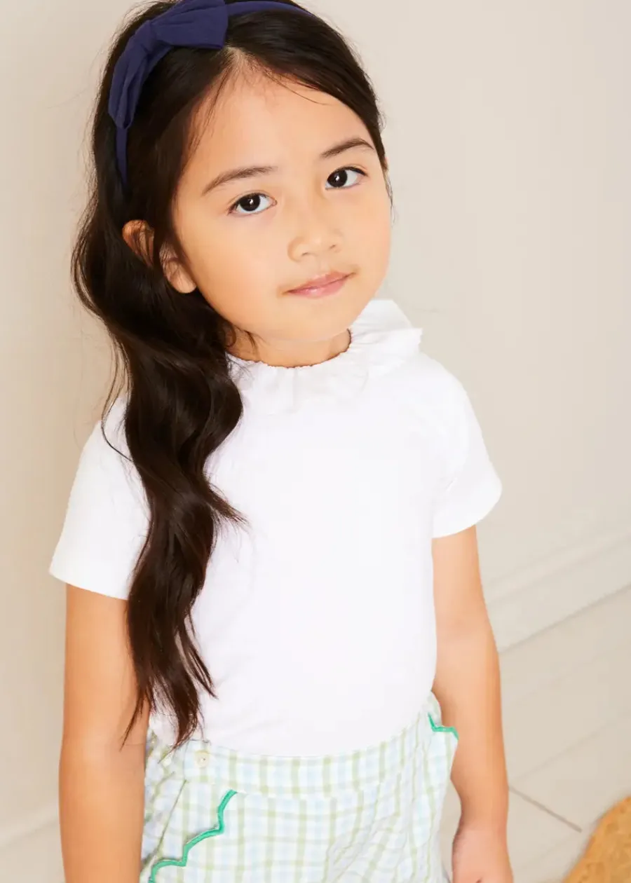 Pepa London Piculina Trim Top in White (2-10yrs) | Maxwell Gingham Scallop Trim Embroidered Shorts in Green (18mths-10yrs) | Floral Openwork Cotton Cardigan in Green (2-10yrs) | Leather Woven Detail Sandals in Beige (24-35EU) | Navy Linen Big Bow Hairband | Flower Fairies of the Summer Book in White