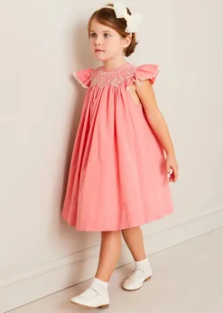 Pepa London Plain Hand Smocked Sleeveless Dress in Coral (12mths-10yrs)