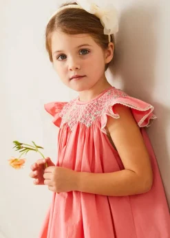 Pepa London Plain Hand Smocked Sleeveless Dress in Coral (12mths-10yrs)