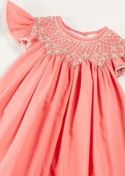 Pepa London Plain Hand Smocked Sleeveless Dress in Coral (12mths-10yrs)