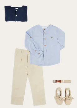 BOY Pepa London Plain Mao Collar Long Sleeve Shirt in Blue (4-10yrs) | Plain Cardigan in Navy (6mths-10yrs) | Suede Lace-up Espadrilles in Beige (24-35EU) | Cream Boy's Belt