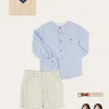 BOY Pepa London Plain Mao Collar Long Sleeve Shirt in Blue (4-10yrs) | Brompton Striped Shorts in Beige (4-10yrs) | Cable Knit V-Neck Jumper in Cream (4-10yrs) | Canvas Plimsolls in Navy (20-35EU) | Cream Boy's Belt
