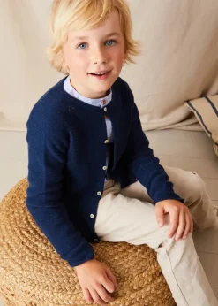 BOY Pepa London Plain Mao Collar Long Sleeve Shirt in Blue (4-10yrs) | Plain Cardigan in Navy (6mths-10yrs) | Suede Lace-up Espadrilles in Beige (24-35EU) | Cream Boy's Belt