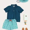BOY Pepa London Plain Short Sleeve Polo Shirt in Navy (2-10yrs) | Adelaide Floral Tie Detail Swim Shorts in Green (2-10yrs) | Suede Buckle Detail Sandals in Beige (28-35EU) | Adelaide Floral Beach Hat in Green (S-M) | Big Brother Beach Mouse Toy