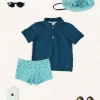 BOY Pepa London Plain Short Sleeve Polo Shirt in Navy (2-10yrs) | Adelaide Floral Swim Shorts in Green (12mths-4yrs) | Adelaide Floral Beach Hat in Green (S-M)