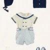 BOY Pepa London Regency Stripe Mariner Collar Two Piece Set With Bloomers in Blue (6mths-3yrs) | Plain Cardigan in Navy (6mths-10yrs) | Openwork Knitted Bonnet in Navy (S-L) | T-Bar Baby Shoes in Blue (20-26EU) | Cotton Short Socks Cream (0mths-10yrs) | Limited Edition Merrythought & Pepa Teddy Bear With Regency Striped Bow in Blue (S-L)
