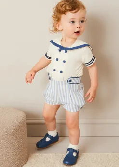BOY Pepa London Regency Stripe Mariner Collar Two Piece Set With Bloomers in Blue (6mths-3yrs)