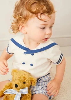 BOY Pepa London Regency Stripe Mariner Collar Two Piece Set With Bloomers in Blue (6mths-3yrs) | Plain Cardigan in Navy (6mths-10yrs) | Openwork Knitted Bonnet in Navy (S-L) | T-Bar Baby Shoes in Blue (20-26EU) | Cotton Short Socks Cream (0mths-10yrs) | Limited Edition Merrythought & Pepa Teddy Bear With Regency Striped Bow in Blue (S-L)
