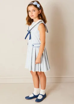 Pepa London Regency Striped Mariner Collar Pleated Sleeveless Dress in Blue (2-10yrs)