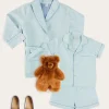 BOY Pepa London Rochester Striped Short Sleeve Pyjamas in Green (18mths-10yrs) | Rochester Striped Dressing Gown in Green (18mths-10yrs) | Linen Slippers With Contrast Piping in Cream (24-35EU)