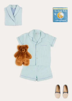 BOY Pepa London Rochester Striped Short Sleeve Pyjamas in Green (18mths-10yrs) | Rochester Striped Dressing Gown in Green (18mths-10yrs) | Linen Slippers With Contrast Piping in Cream (24-35EU) | Goodnight Winnie Pooh Book in Navy