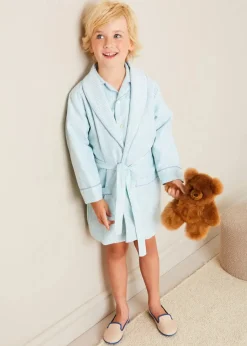 BOY Pepa London Rochester Striped Short Sleeve Pyjamas in Green (18mths-10yrs) | Rochester Striped Dressing Gown in Green (18mths-10yrs) | Linen Slippers With Contrast Piping in Cream (24-35EU)