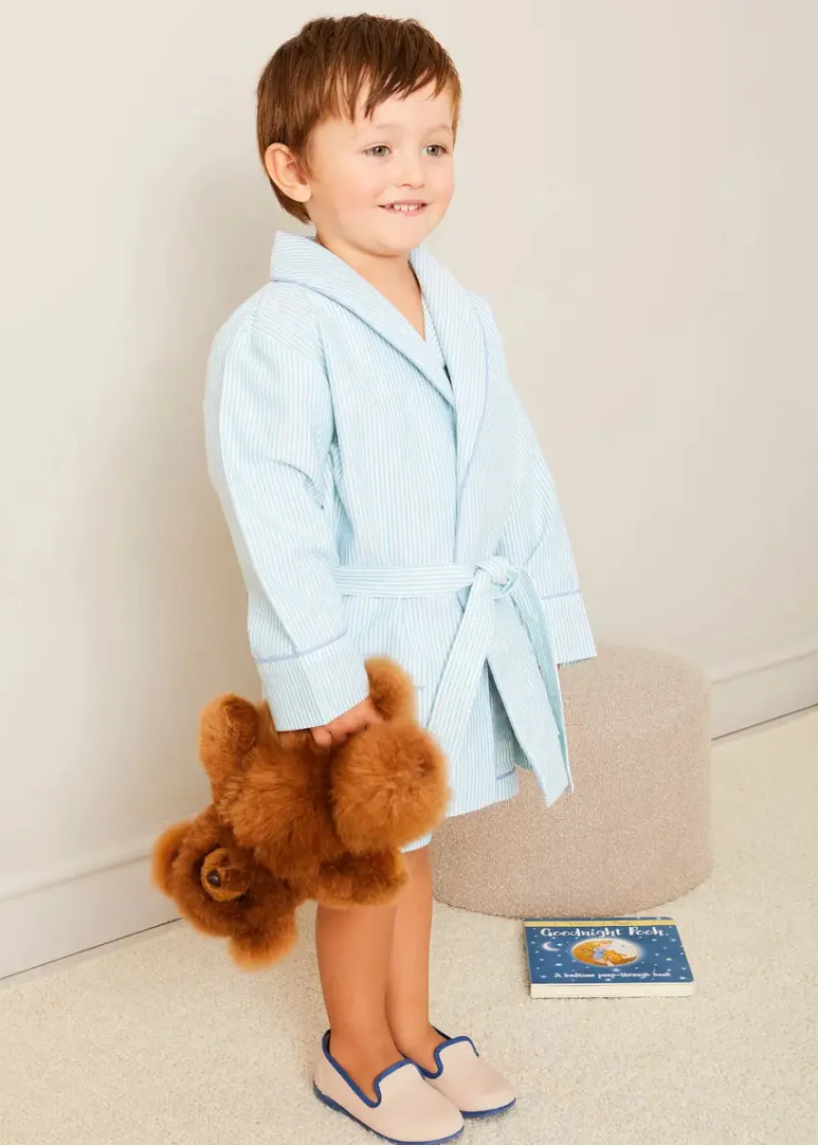BOY Pepa London Rochester Striped Short Sleeve Pyjamas in Green (18mths-10yrs) | Rochester Striped Dressing Gown in Green (18mths-10yrs) | Linen Slippers With Contrast Piping in Cream (24-35EU) | Goodnight Winnie Pooh Book in Navy