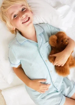 BOY Pepa London Rochester Striped Short Sleeve Pyjamas in Green (18mths-10yrs) | Rochester Striped Dressing Gown in Green (18mths-10yrs) | Linen Slippers With Contrast Piping in Cream (24-35EU)