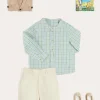 BOY Pepa London Safari Button Detail Cardigan in Camel (4-10yrs) | Maxwell Gingham Mao Collar Long Sleeve Shirt in Green (3-10yrs) | Plain Cotton Shorts in White (4-10yrs) | Suede Lace-up Espadrilles in Beige (24-35EU) | The Christopher Robin Collection Book