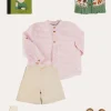BOY Pepa London Safari Intarsia Cardigan in Green (6mths-6yrs) | Hertford Striped Mao Collar Long Sleeve Shirt in Coral (12mths-10yrs) | Faux Pocket Elasticated Waist Shorts in Ivory (12mths-4yrs) | Leather T-Bar Baby Shoes in Brown (20-26EU) | Ribbed Short Socks in Beige (0mths-10yrs) | Little People, Big Dreams - David Attenborough Book in Green