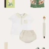 BOY Pepa London Safari Intarsia Cardigan in Green (6mths-6yrs) | Waterford Striped Polo Collar Short Sleeve Top in Beige (12mths-4yrs) | Striped Button Detail Bloomers in Beige (3mths-3yrs) | Suede T-Bar Pram Shoes in Beige (17-20EU) | Ribbed Short Socks in Beige (0mths-10yrs) | Little People, Big Dreams - David Attenborough Book in Green | Waterford Striped Dummy Clip in Beige | BIBS Dummy in Ivory