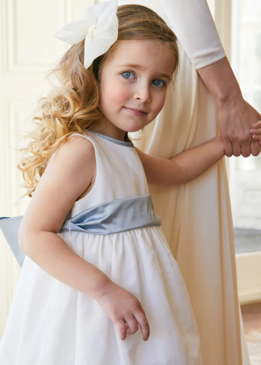 Pepa London Sleeveless Ivory Flower Girl Dress with Blue Silk Sash (6mths-10yrs)
