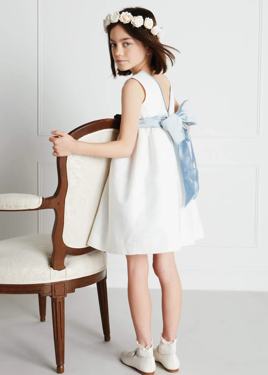 Pepa London Sleeveless Ivory Flower Girl Dress with Blue Silk Sash (6mths-10yrs)