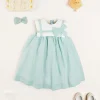 Pepa London Sleeveless Trapeze Dress With Bow Detail in Green (12mths-10yrs) | Green Linen Hairband | Mary Jane Leather Baby Shoes in Ivory (20-24EU) | Openwork short socks White (0mths-8yrs) | Chick Toy in Yellow
