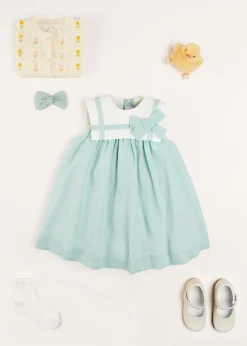Pepa London Sleeveless Trapeze Dress With Bow Detail in Green (12mths-10yrs) | Green Linen Hairband | Mary Jane Leather Baby Shoes in Ivory (20-24EU) | Openwork short socks White (0mths-8yrs) | Chick Toy in Yellow
