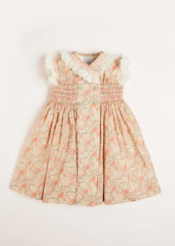Pepa London Sophie Floral Print Hand Smocked Double Breasted Dress in Peach (12mths-10yrs)