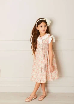 Pepa London Sophie Floral Print Hand Smocked Double Breasted Dress in Peach (12mths-10yrs)